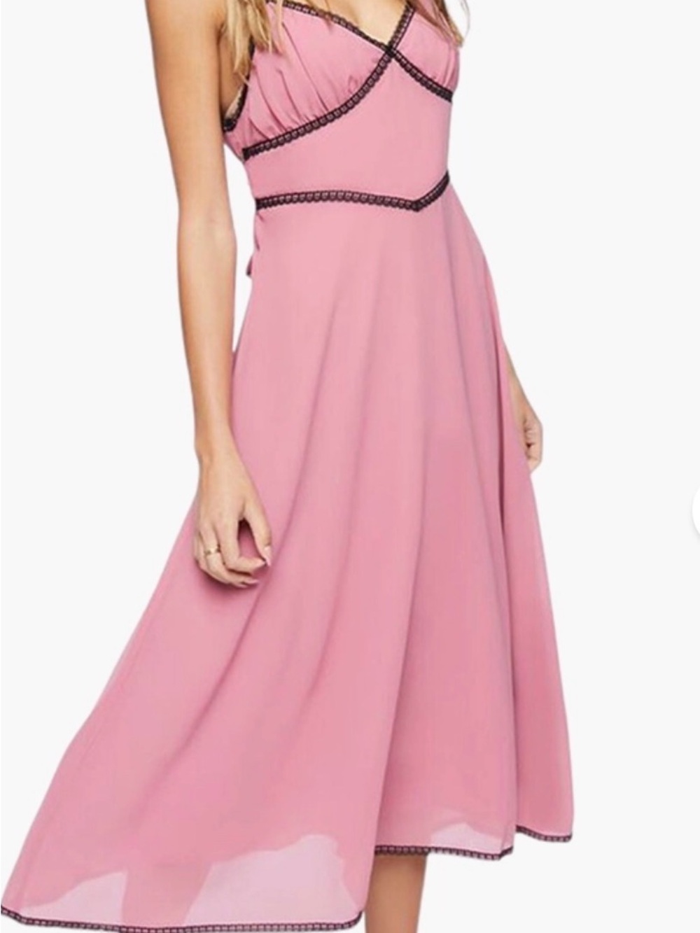Forever 21 Pink Midi Rose Chiffon Lace Trim Dress.